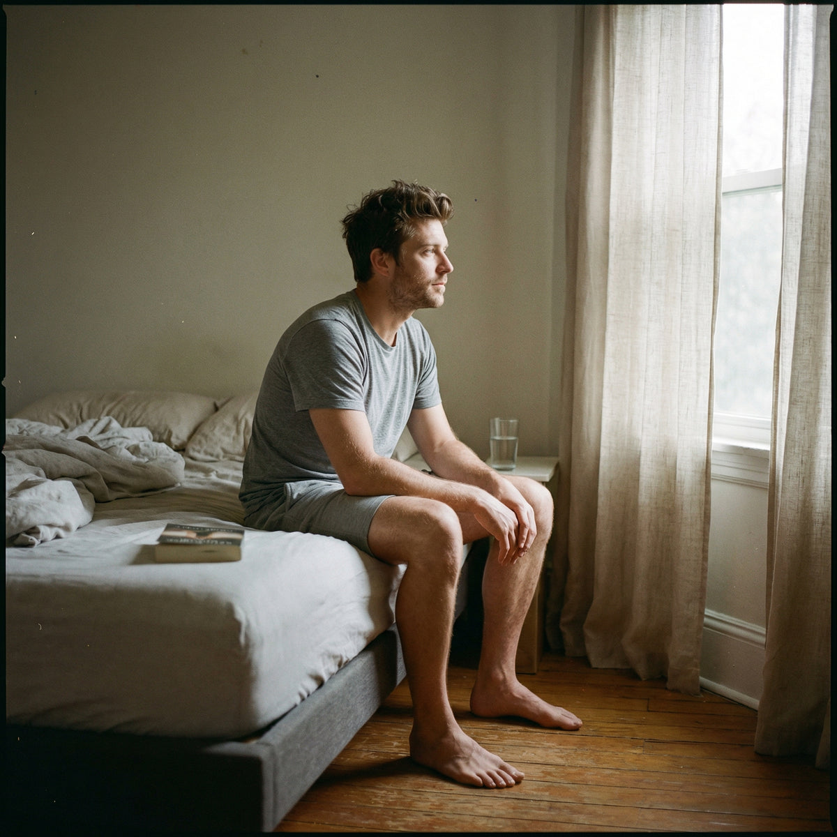 Man sitting on a bed in a softly lit room with curtains.