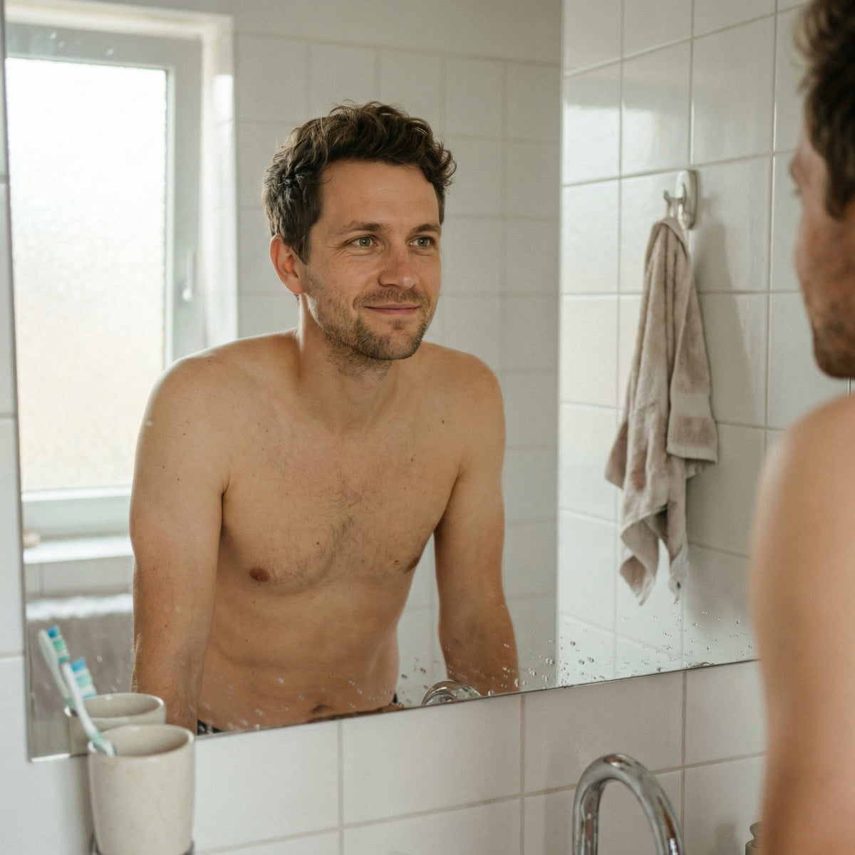 Man looking at himself in the mirror in a bathroom