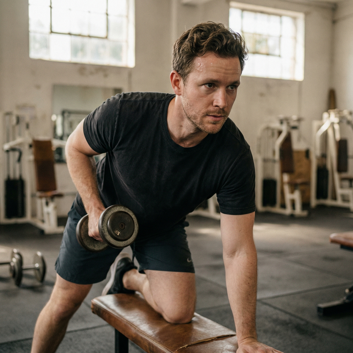 Man exercising with dumbbells in a gym setting